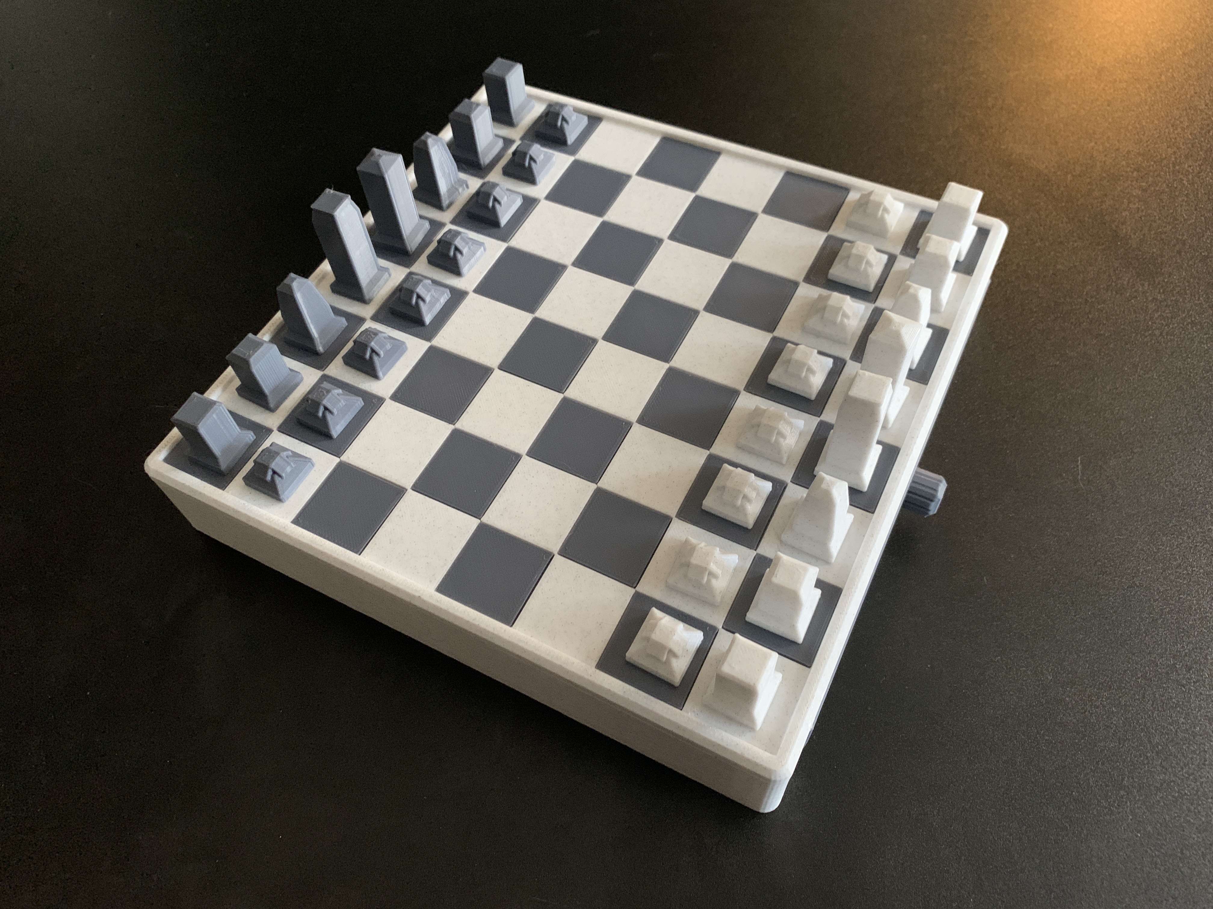 Chess set fully assembled and set up for play